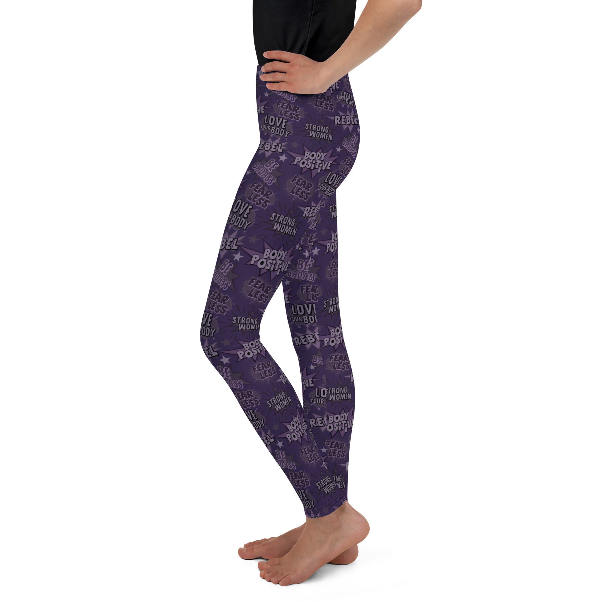 SHE REBEL - Purple Body Positivity Youth Leggings (Girls' Sizes 8 - 20)